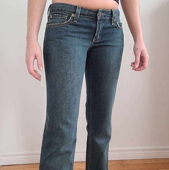 7 FOR ALL MANKIND MADE IN USA BLUE DISTRESSED STRAIGHT LEG LOW RISE DENIM JEANS - Picture 2 of 4